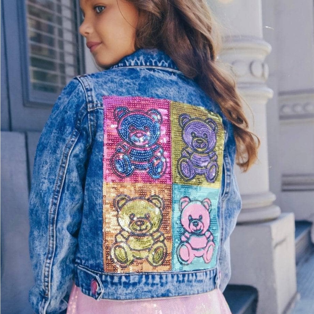 Lola and the Boys Pop Art Rainbow Bear Denim Jacket Size 10